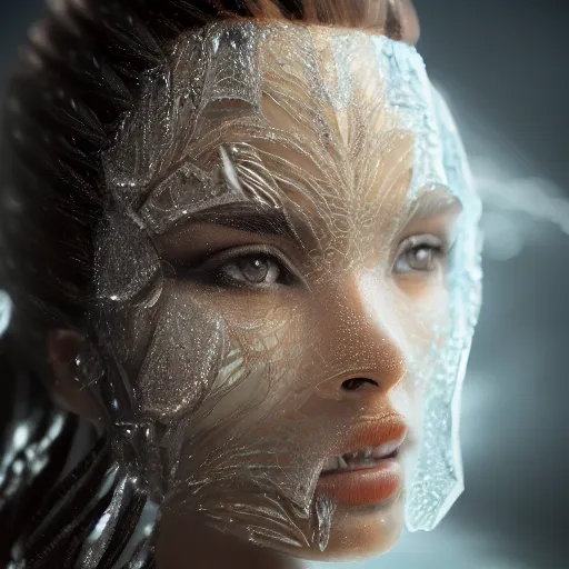 Image similar to a regal brown woman wearing an intricate and detailed armor made of ice. ice caves. glaciers. dramatic shadows. reflections. morning dew. textures. delicate. translucent. studio portrait. photorealistic. octane render