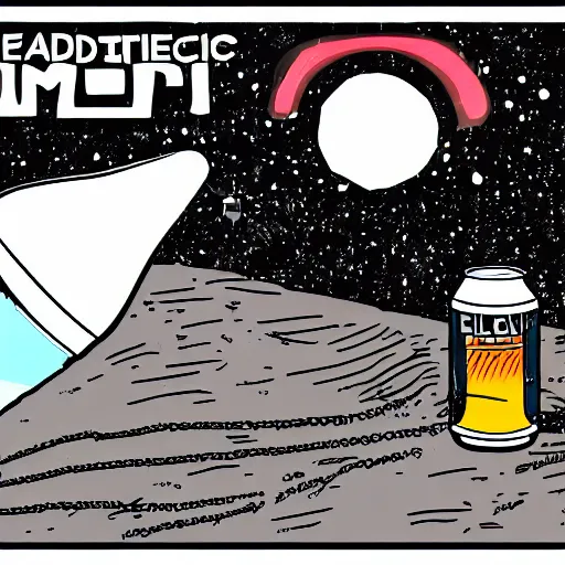 Image similar to a photo of an electric guitar headstock and a beer can on the moon. detailed. cartoon. comic