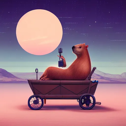 Image similar to beautiful digital fantasy illustration of a Birth Machine, Capybara pirate, keeping vigil over the salt flats, lights in the night, highly detailed, soft lighting, rendered in octane, masterpiece, very very very aesthetic, exquisite marble details