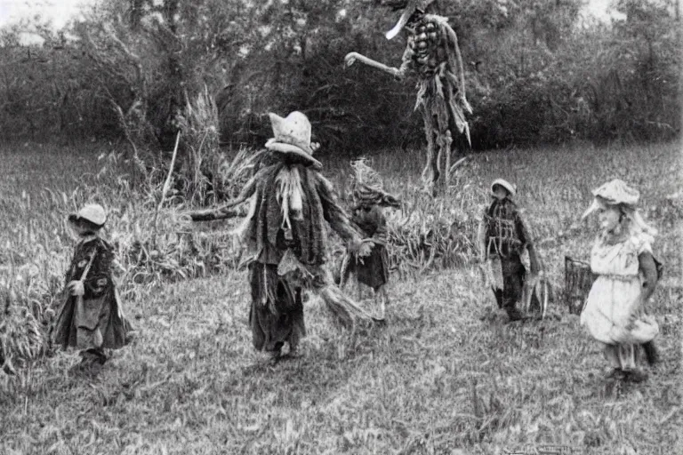 Image similar to sketchy scarecrow from the early 1 9 0 0's leading children into the cornfields