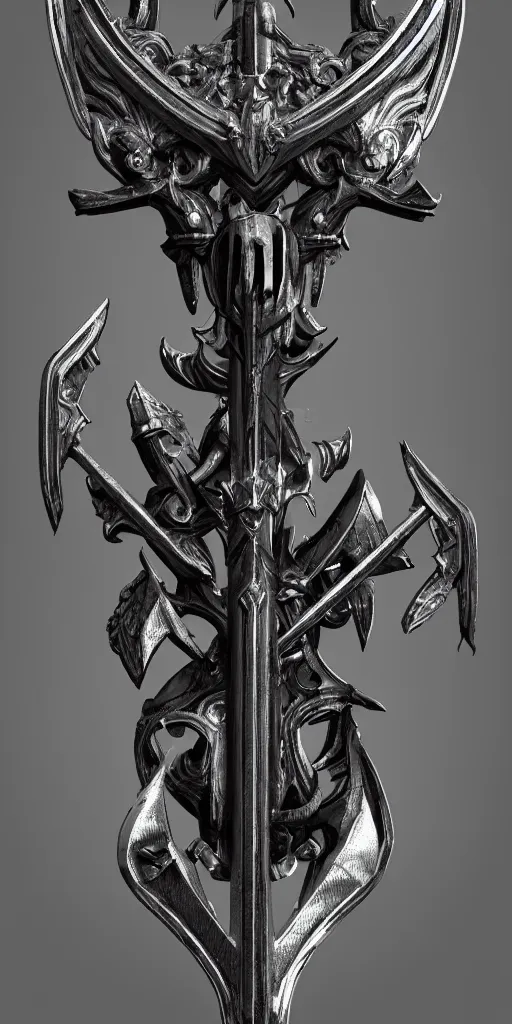 Image similar to a black and silver sword skull crest, ornament, weapon, a 3 d render by dom qwek, front side, concept art, trending on polycount, artstation, hard surface modeling, rendered in maya, zbrush, hd, vray, blizzard concept, symmetry