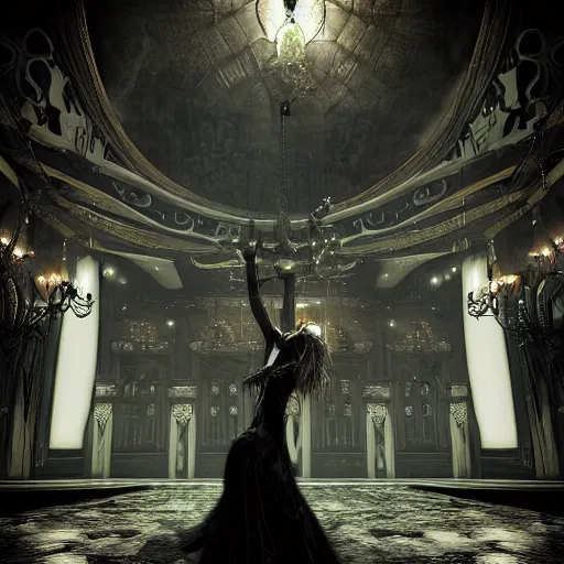 Image similar to digital matte painting of a woman dancing alone in a dark gothic style ballroom, dark dramatic mysterious luis royo, wlop 8 0 mm camera, high detail, hd 8 k