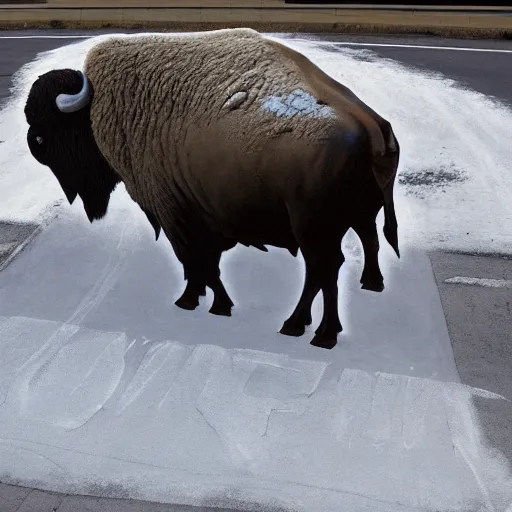 Image similar to a buffalo covered in flour in the middle of the street, graffiti art