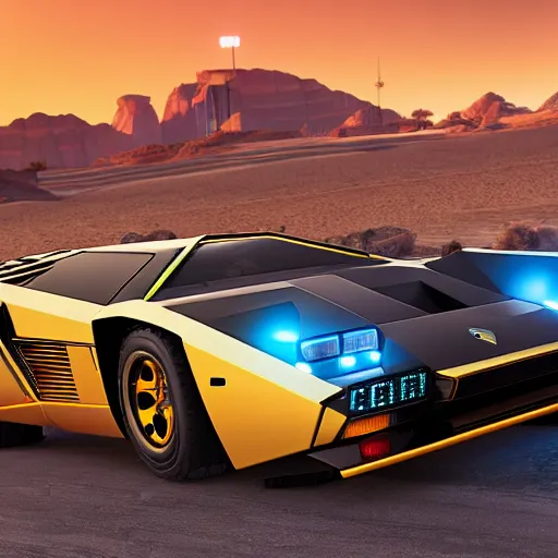 Image similar to cyberpunk version of lamborghini countach fitted with robotic enhancements driving along route 66 in the desert, highly detailed, sharp focus, photorealistic,4k