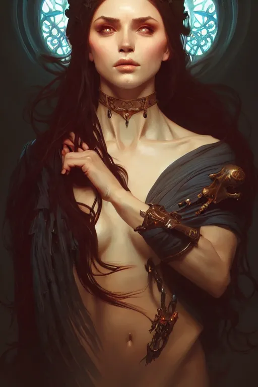 Image similar to a beautiful necromancer woman, fantasy, portrait, sharp focus, intricate, elegant, digital painting, artstation, matte, highly detailed, concept art, illustration, ambient lighting, art by ilya kuvshinov, artgerm, Alphonse mucha, and Greg Rutkowski