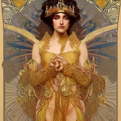 Prompt: a beautiful of a wonderful queen wearing titane ornaments, art by alphonse mucha and greg rutkowski, intricate, highly realistic, golden number, 8 k textures, trending on artstation