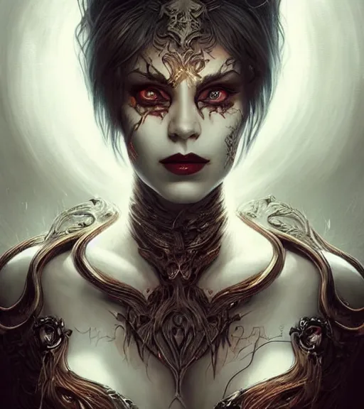 Image similar to a higly detailed full body shot and face portrait painting of a grim female sorceress with piercing eyes beautiful eyes, dynamic lighting, ambient lighting, deviantart, art by artgerm and karol bak and mark brooks