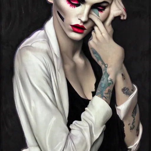 Image similar to stunning portrait of androgynous ruby rose as desire from sandman in a white tuxedo!!!, rockabilly style,, by alphonse mucha, by jeremy mann, by peter lindbergh, dave mckean, by frank moth, white suit and black tie, soft lightning, high detailed, 8 k