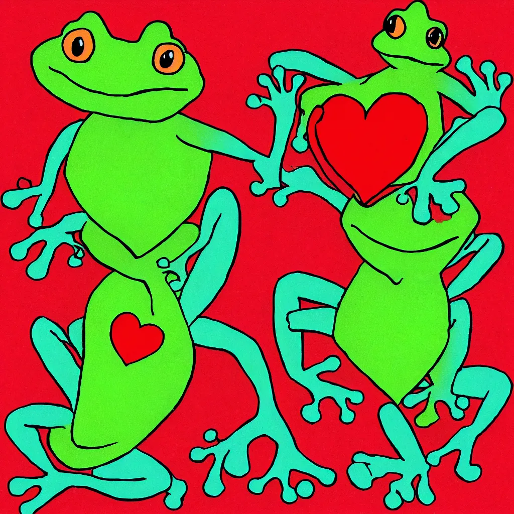 Image similar to a frog holding a big red heart, children’s cartoon, stylized