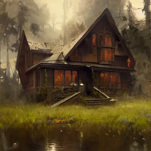 Image similar to a house by the lake, painted by raymond swanland, painted by greg rutkowski, painted by jeremy mann, painted by artgerm, painted by igor kieryluk, trending on artstation