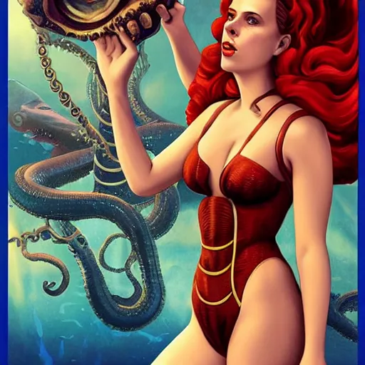 Image similar to lofi underwater bioshock portrait of scarlett johansson in swimsuit with giant octopus, Pixar style, by Tristan Eaton Stanley Artgerm and Tom Bagshaw.