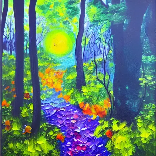 Image similar to secret hidden path in the forest leading to a portal to outerspace, prismatic weather, flowers, expressive oil painting