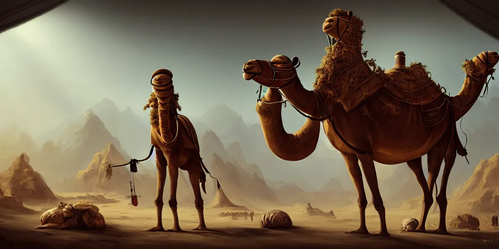 Prompt: a camel - like anthropomorphic merchant trader in a tent, matte oil painting, retrofuturistic, concept art, science fantasy, mutant, lgbt, queer, rpg, epic, rusted, white salt, badlands, jungles, dungeons & dragons, sacred, sharp focus, award - winning, extremely detailed, 4 k, 8 k