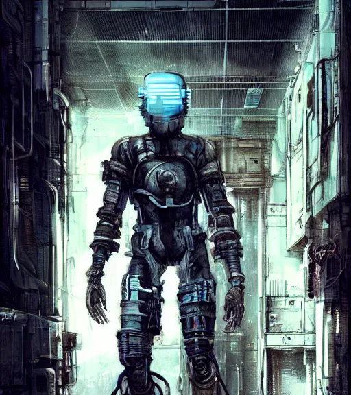 Image similar to realistic cyberpunk engineer with long limbs in a hallway, techwear, dead space, visible face, Industrial Scifi, detailed illustration, character portrait, by Ashley Wood and Moebius