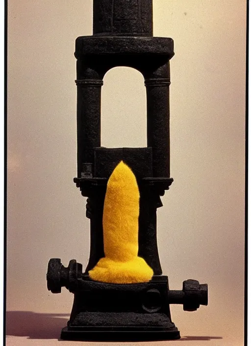 Image similar to realistic photo of a a medieval temple astronomy appliance pump, made of mustard wood white clay fluffy fur black plastic 1 9 9 0, life magazine photo, natural colors, museum collection