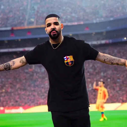 Prompt: Drake performing at the Camp Nou