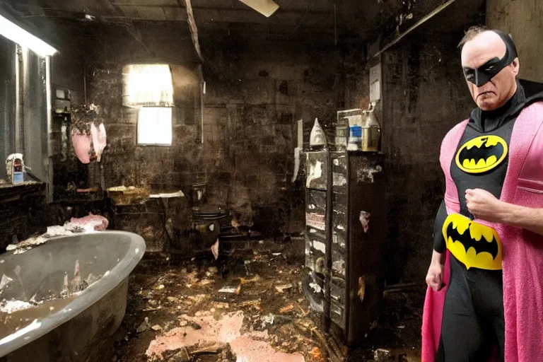 Image similar to michael keaton as batman wearing pink frilly apron offering free beer in dirty disgusting brown bathroom with cracked tiles and mold, atmospheric eerie lighting, dim lighting, bodycam footage, motion blur, blurry photography