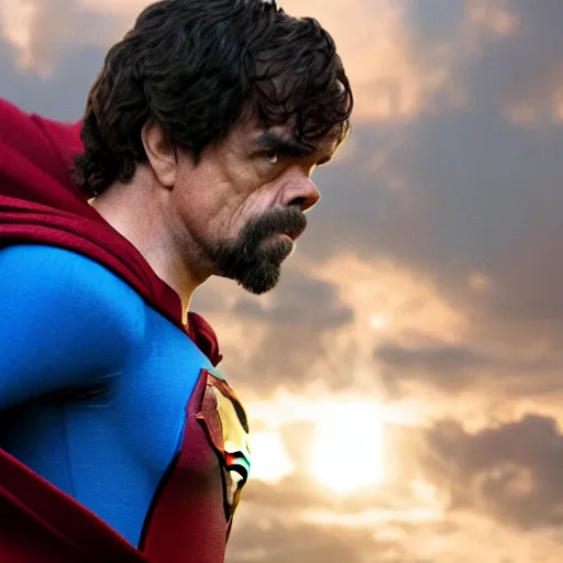 Image similar to stunning awe inspiring peter dinklage as superman, movie still 8 k hdr atmospheric lighting