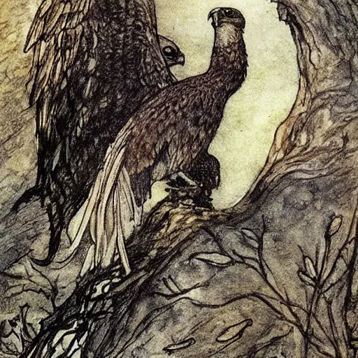 Prompt: Turning and turning in the widening gyre the falcon cannot hear the falconer, painted by Arthur Rackham