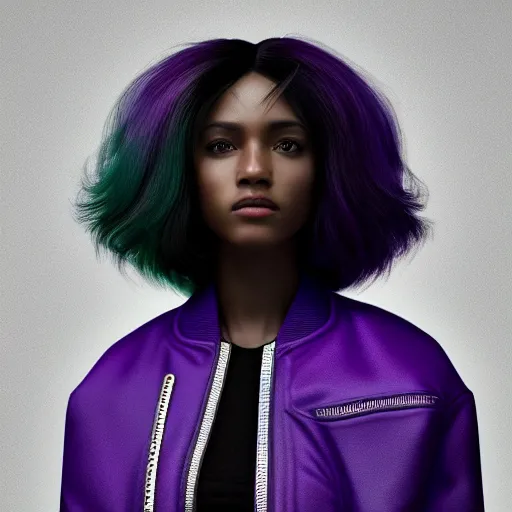 Image similar to black woman, hairstyle = short bob, hair colour = grey, eyes = purple, wearing dark green bomber jacket, realistic 4 k octane beautifully detailed render, 4 k post - processing, highly detailed, intricate complexity, epic composition, magical atmosphere, cinematic lighting, masterpiece, ultra hd