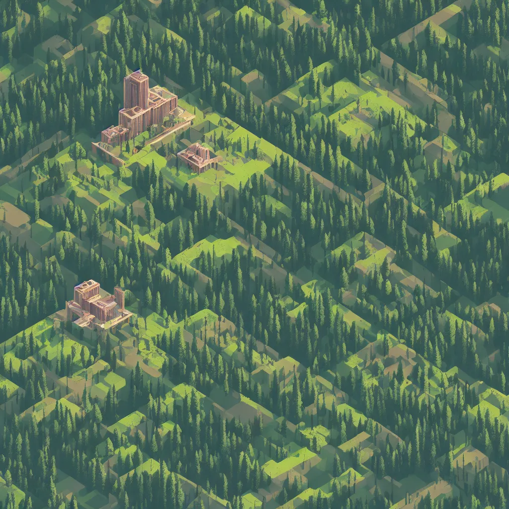 Image similar to isometric view of mountaintop building overlooking a lush forest by james gilleard, textured, detailed, beautiful, 8 k wallpaper