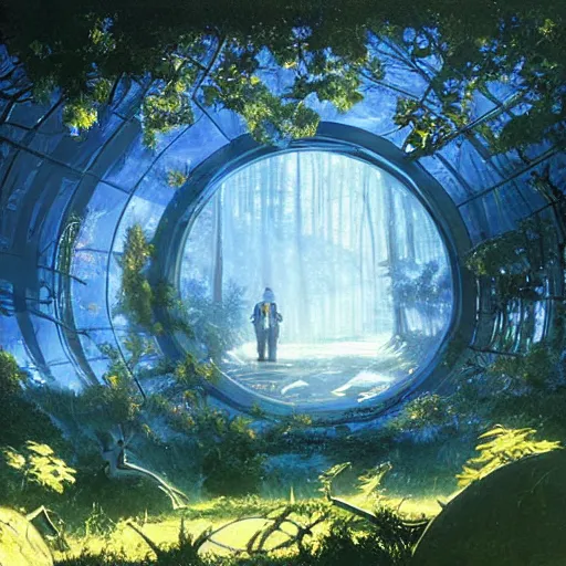 Image similar to floating derelict portal in a middle of a futuristic forest, world seen only through a portal, daylight, cinematic lighting, blue sky, syd mead, john harris