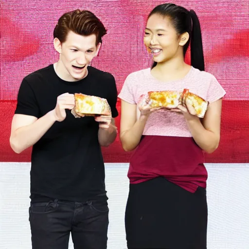 Image similar to Tom Holland eating spam musubi with a Filipina college girl