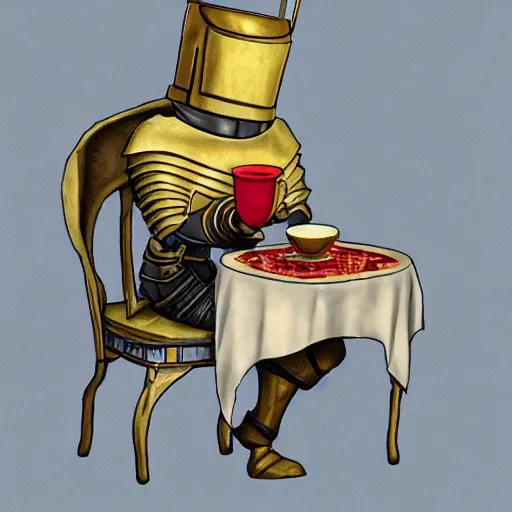 Image similar to a knight drinking a cup of tea, trending on artstation