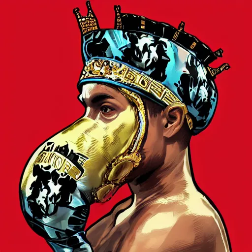 Image similar to Sideview Portrait of professional boxer with a pig head wearing boxing gloves with a gold crown on it's head Shepard Fairey