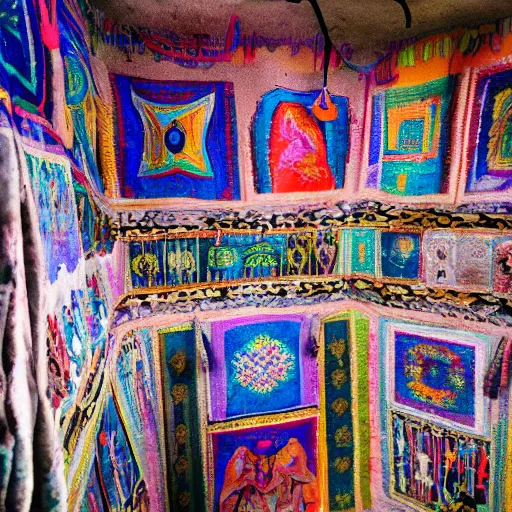 Image similar to underground prison, concrete, colorful tapestries, rugs, people wearing colorful robes