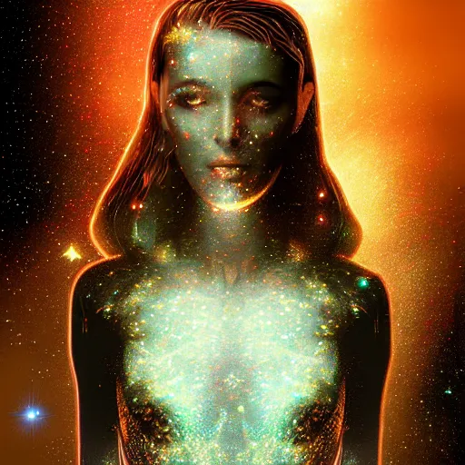 Image similar to woman portrait made out of galaxies, beautiful, cyborg, cinematic comic book art, realistic, highly detailed, octane render