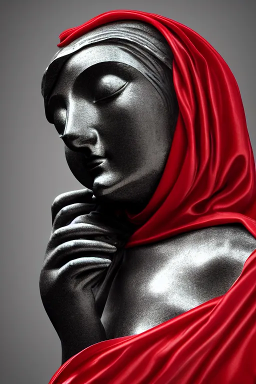 Image similar to polished black marble athena statue hiding his face under a red silkveil, sculpted by hedi xandt and bernini, epic and cinematic view, volummetric light, texturized, detailed, 8 k