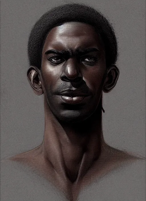 Image similar to portrait of a dark skinned man with a crooked nose and a confident expression, 1 9 6 0 s, black clothes, goth, punk, funk, intricate, elegant, highly detailed, digital painting, artstation, concept art, smooth, sharp focus, illustration, art by wlop, mars ravelo and greg rutkowski