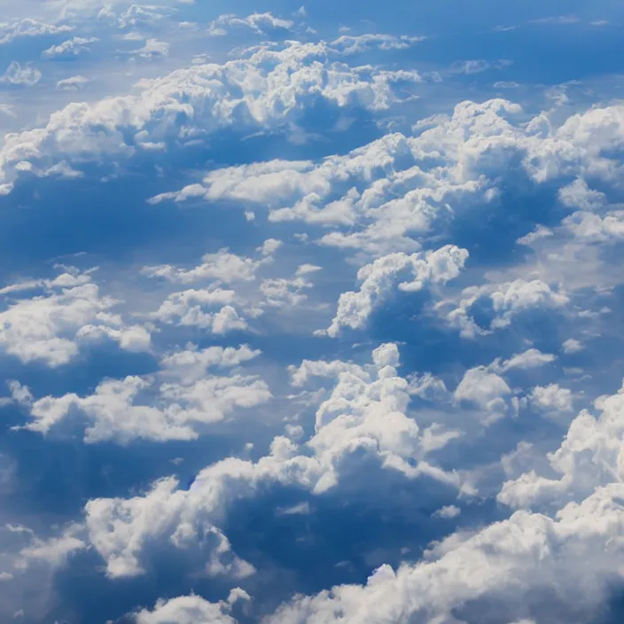 Image similar to Endless clouds towering high, seen from a plane, no ground visible, very detailed, 8k resolution, pale yellow hue