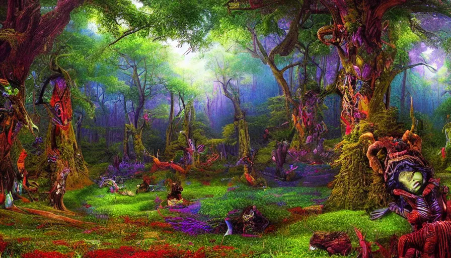 Image similar to landscape psychodelic dmt lsd forest, photorealistic, artgerm, artwork by Bierstadt, Albert