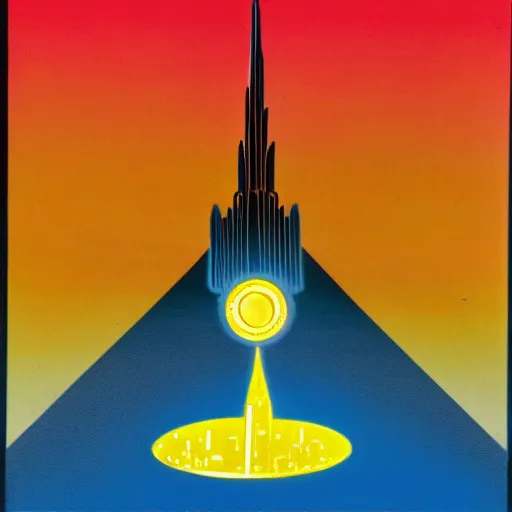 Prompt: logo of nuclear tower in - front of an futuristic glass city, sun, centered, art deco, 1 9 5 0's futuristic, glowing highlights, peaceful