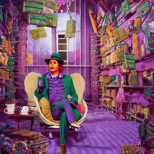 Image similar to Johnny Depp is covered in a blanket and drinking tea in Willy Wonka's Chocolate Factory, Illustration, Colorful, insanely detailed and intricate, super detailed, by Beeple