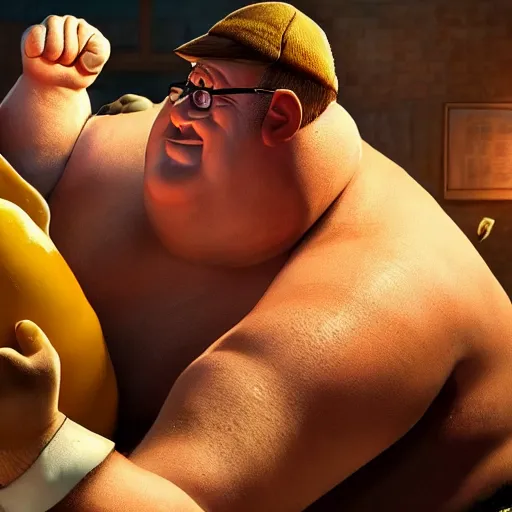 Prompt: real life Peter Griffin in a fist fight with giant chicken man, photorealistic, cinematic lighting, action movie, still frame from an action movie, highly detailed