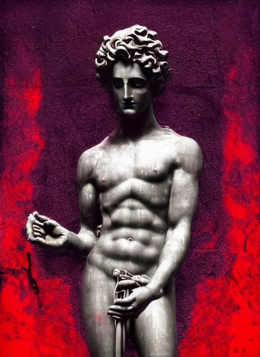 Prompt: black background with very subtle red and purple design elements, statue of david, powerful, nekro, graphic design, collage art, thin lines, dark, glitch art, neo vaporwave, gritty, layout frame, black frame, square, trending on artstation