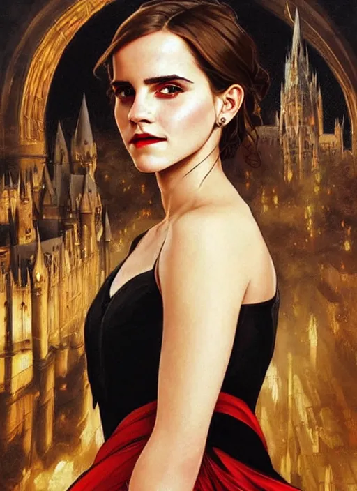 Image similar to oil painting of emma watson giving seductive look wearing black, red and gold robes. hogwarts in background beautiful detailed face. by artgerm and greg rutkowski and alphonse mucha