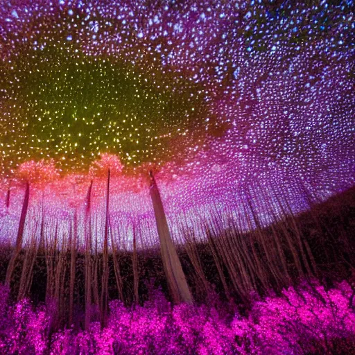 Image similar to field of beautiful luminescent pink and blue mycena fungi, emitting spore clouds, midnight, huge golden moon with small craters visible in night sky, hyperrealistic, detailed, soft lighting, fireflies