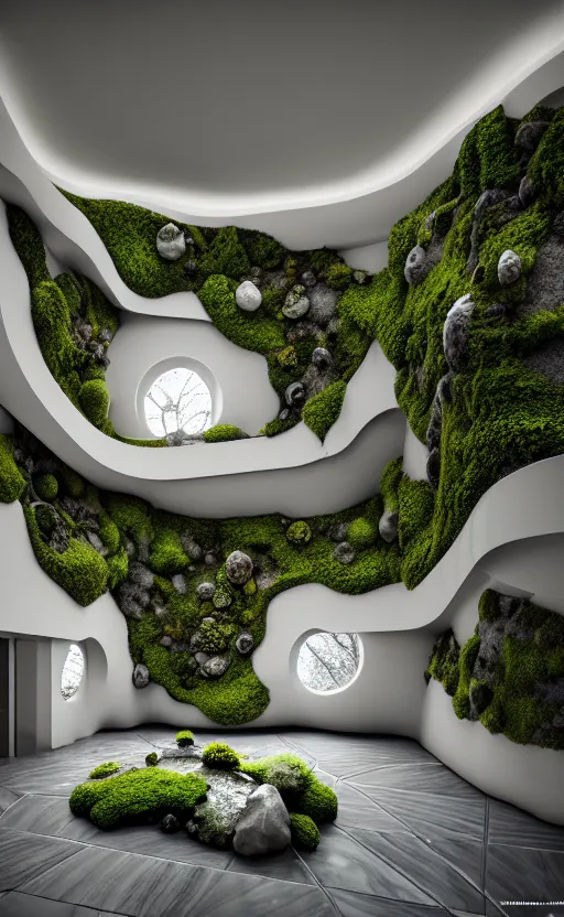 Image similar to highly detailed ultra sharp 3 d render villa interior cinematic composition of a smooth ceramic porcelain biomorphic magnolia stone nebula fluid fractal sci - fi surreal architecture landscape, granite, metallic, magnesium, marble, moss and lichen, vincent callebaut composition, mamou - mani, archviz, beautiful lighting, 8 k, unreal engine, hdr,