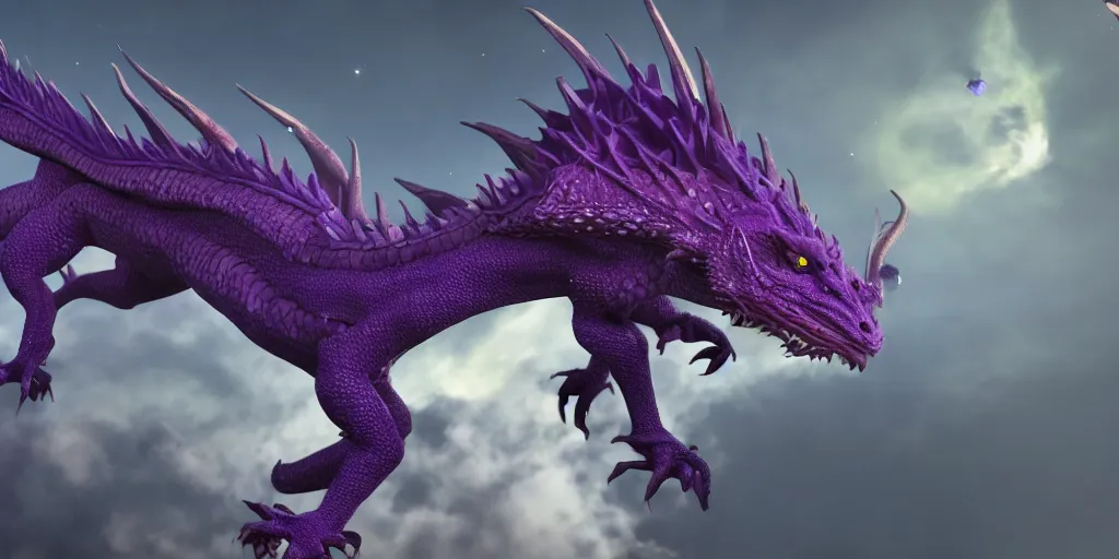 Image similar to highly detailed a purple dragon wearing a crown flies through space, 4 k, photorealistic, unreal 5