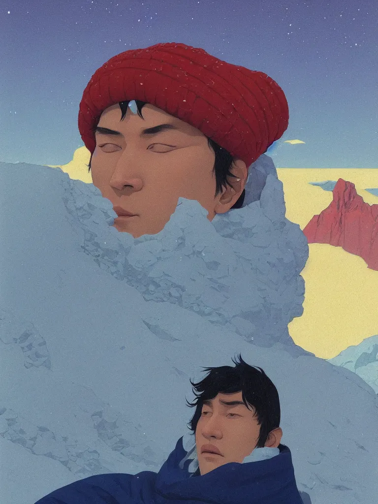 Prompt: a closeup portrait of a young siberian man sucking a blotter paper of lsd acid and dreaming psychedelic hallucinations in the vast icy landscape of antarctica, by kawase hasui, moebius and edward hopper, colorful flat surreal design, hd, 8 k, artstation