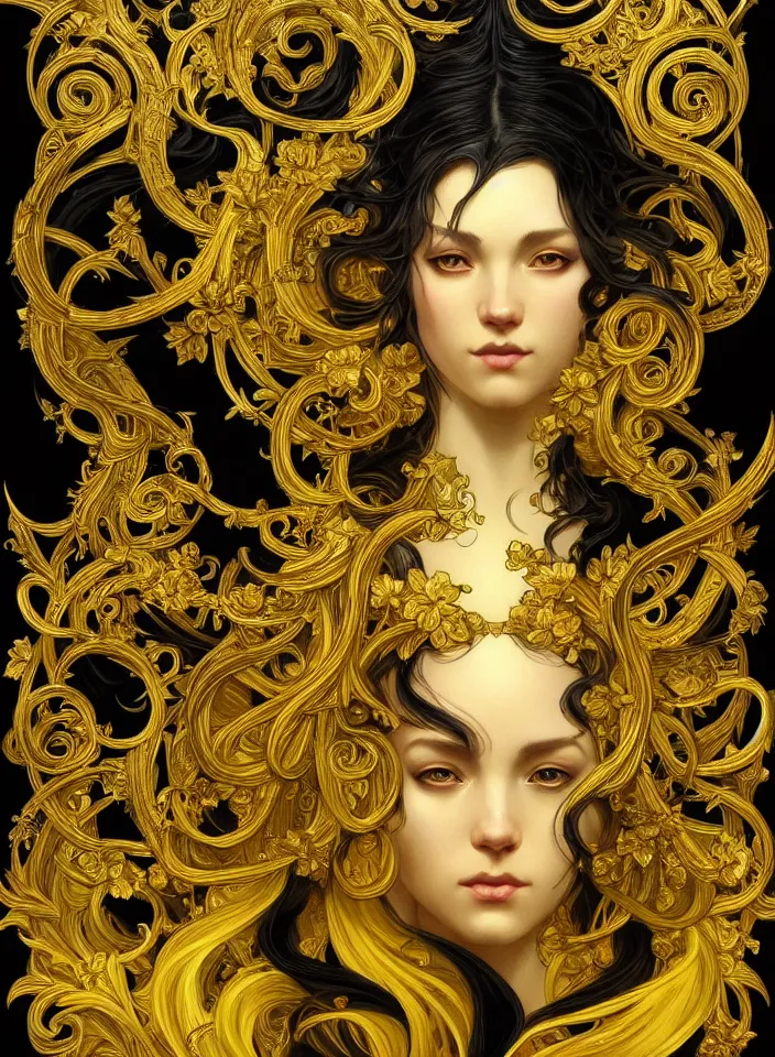 Image similar to beautiful black yellow, complicated gold the baroque style decoration, dark fantasy, intricate, elegant, highly detailed, digital painting, artstation, concept art, matte, 3 d 8 k octane rendered, sharp focus, illustration, octane rendered, art by artgerm and alphonse mucha, leesha hannigan, ross tran