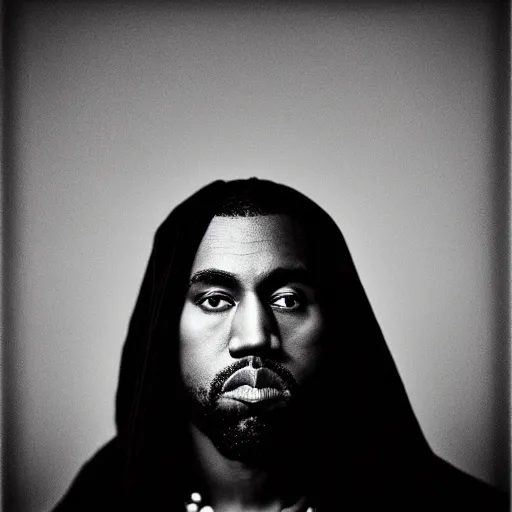 Image similar to a chiaroscuro lighting portrait of kanye west dressed as jesus, black background, portrait by julia margaret cameron, shallow depth of field, 8 0 mm, f 1. 8