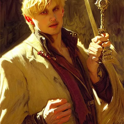 Image similar to handsome arthur pendragon in love with handsome merlin the mage. merlin is also in love with arthur. highly detailed painting by gaston bussiere, craig mullins, j. c. leyendecker