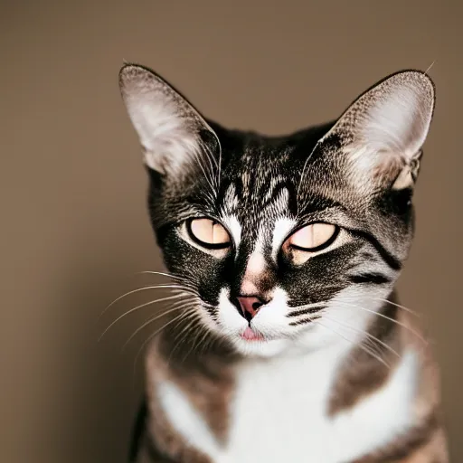 Prompt: photo of a cat with a snarky smile and wearing a suit