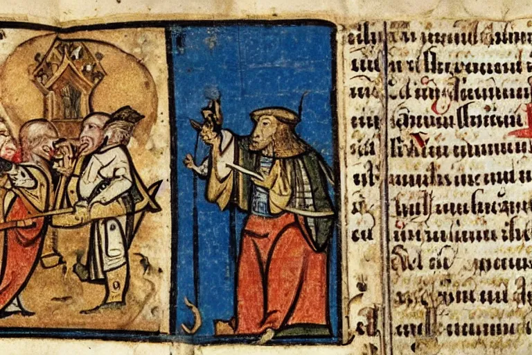 Prompt: Medieval manuscript with illustrations detailing a conspiracy about the CIA