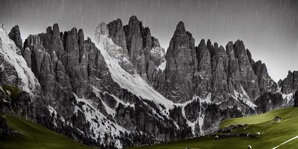 Prompt: dolomites, pastures, alps, alp, star rain, dark, eerie, despair, portrait photography, artstation, highly detailed, sharp focus, by cronneberg